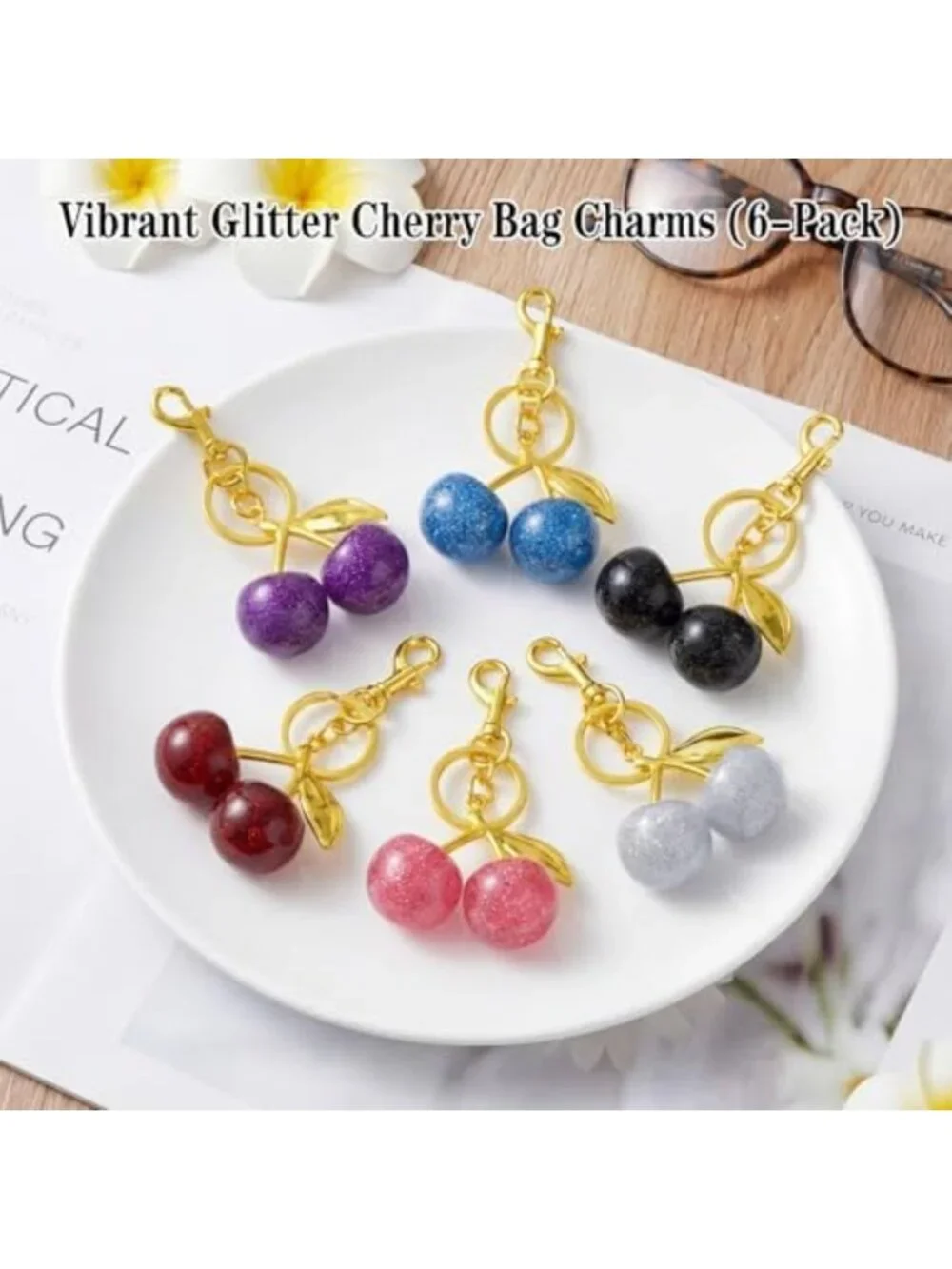 Charming Glitter Cherry Keychain Set - Bling Gold & Silver Handbag Accessories